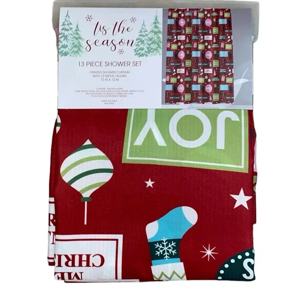 NEW Christmas shower curtain & 12 hooks - Picture 2 of 7